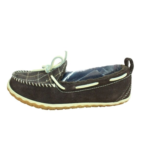 LL Bean Plaid Lined Brown Suede Shearling Lined Moccasin Slippers Size 8 M - Picture 1 of 9